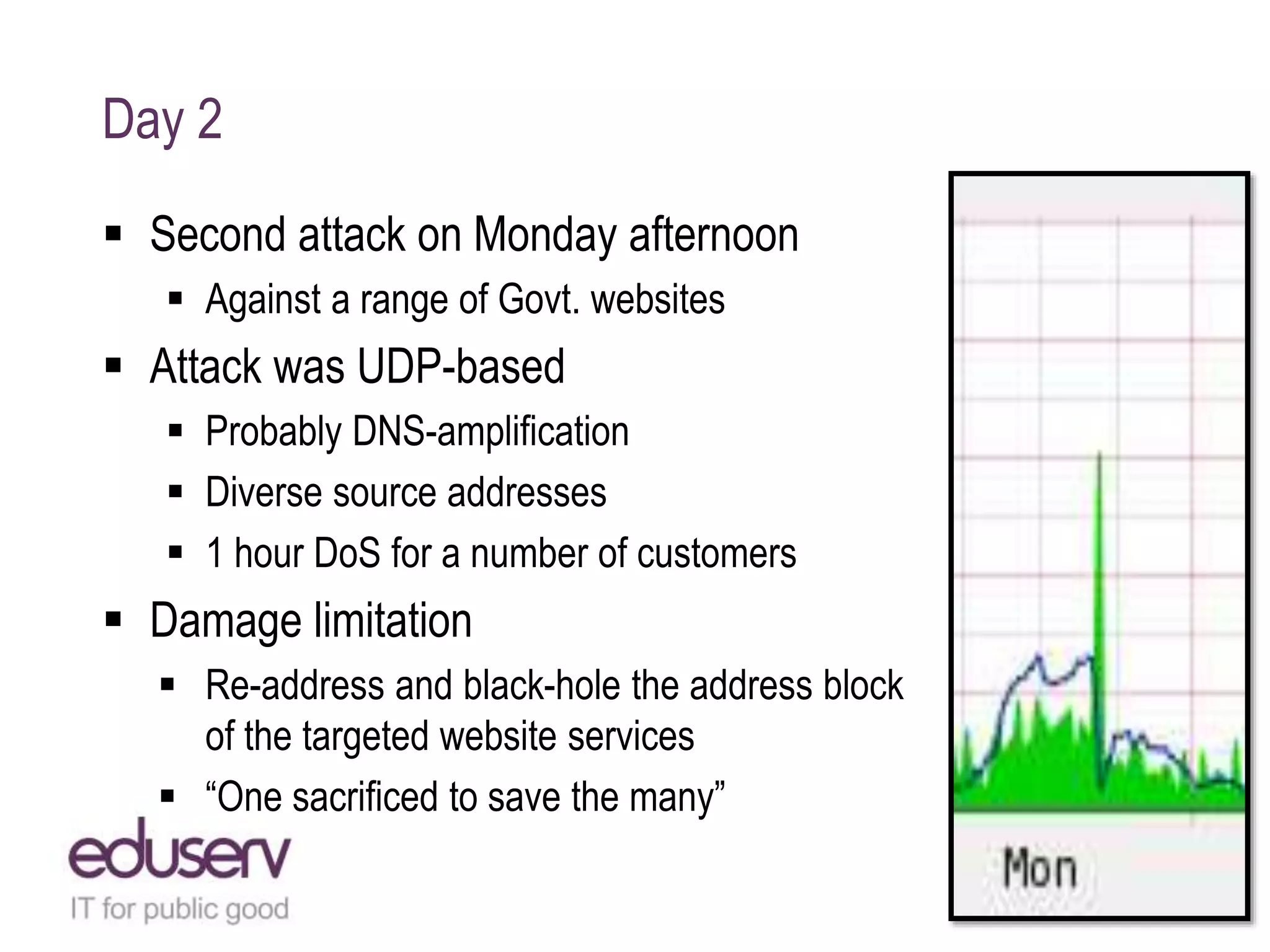 Day 2
 Second attack on Monday afternoon
 Against a range of Govt. websites
 Attack was UDP-based
 Probably DNS-amplification
 Diverse source addresses
 1 hour DoS for a number of customers
 Damage limitation
 Re-address and black-hole the address block
of the targeted website services
 “One sacrificed to save the many”
 