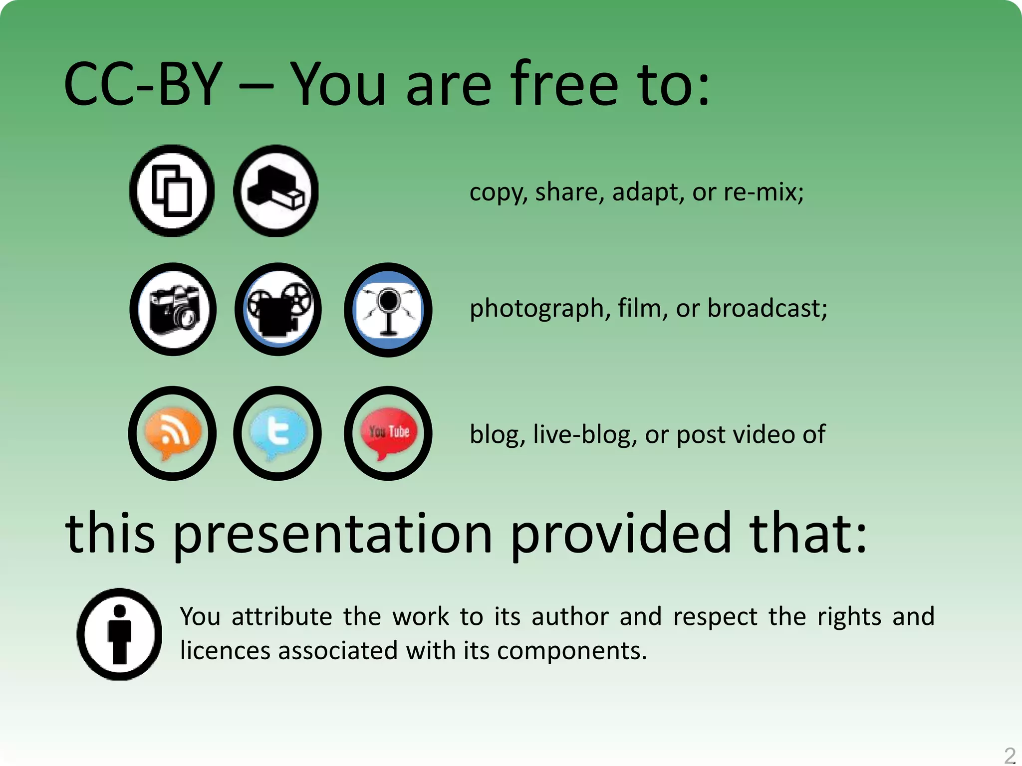 2
2
CC-BY – You are free to:
copy, share, adapt, or re-mix;
photograph, film, or broadcast;
blog, live-blog, or post video of
this presentation provided that:
You attribute the work to its author and respect the rights and
licences associated with its components.
 