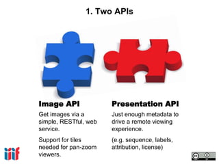 1. Two APIs
Get images via a
simple, RESTful, web
service.
Support for tiles
needed for pan-zoom
viewers.
Just enough metadata to
drive a remote viewing
experience.
(e.g. sequence, labels,
attribution, license)
Image API Presentation API
 