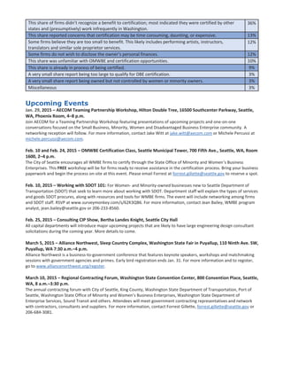 This share of firms didn’t recognize a benefit to certification; most indicated they were certified by other
states and (presumptively) work infrequently in Washington.
36%
This share reported concerns that certification may be time consuming, daunting, or expensive. 13%
Some firms believe they are too small to benefit. This likely includes performing artists, instructors,
translators and similar sole proprietor services.
12%
Some firms do not wish to disclose the owner’s personal finances. 12%
This share was unfamiliar with OMWBE and certification opportunities. 10%
This share is already in process of being certified. 9%
A very small share report being too large to qualify for DBE certification. 3%
A very small share report being owned but not controlled by women or minority owners. 3%
Miscellaneous 3%
Upcoming Events
Jan. 29, 2015 – AECOM Teaming Partnership Workshop, Hilton Double Tree, 16500 Southcenter Parkway, Seattle,
WA, Phoenix Room, 4–8 p.m.
Join AECOM for a Teaming Partnership Workshop featuring presentations of upcoming projects and one-on-one
conversations focused on the Small Business, Minority, Women and Disadvantaged Business Enterprise community. A
networking reception will follow. For more information, contact Jake Witt at jake.witt@aecom.com or Michele Percussi at
michele.percussi@aecom.com.
Feb. 10 and Feb. 24, 2015 – OMWBE Certification Class, Seattle Municipal Tower, 700 Fifth Ave., Seattle, WA, Room
1600, 2–4 p.m.
The City of Seattle encourages all WMBE firms to certify through the State Office of Minority and Women’s Business
Enterprises. This FREE workshop will be for firms ready to receive assistance in the certification process. Bring your business
paperwork and begin the process on-site at this event. Please email Forrest at forrest.gillette@seattle.gov to reserve a spot.
Feb. 10, 2015 – Working with SDOT 101: For Women- and Minority-owned businesses new to Seattle Department of
Transportation (SDOT) that seek to learn more about working with SDOT. Department staff will explain the types of services
and goods SDOT procures, along with resources and tools for WMBE firms. The event will include networking among firms
and SDOT staff. RSVP at www.surveymonkey.com/s/62K3QB6. For more information, contact Jean Bailey, WMBE program
analyst, jean.bailey@seattle.gov or 206-233-8560.
Feb. 25, 2015 – Consulting CIP Show, Bertha Landes Knight, Seattle City Hall
All capital departments will introduce major upcoming projects that are likely to have large engineering design consultant
solicitations during the coming year. More details to come.
March 5, 2015 – Alliance Northwest, Sleep Country Complex, Washington State Fair in Puyallup, 110 Ninth Ave. SW,
Puyallup, WA 7:30 a.m.–4 p.m.
Alliance Northwest is a business-to-government conference that features keynote speakers, workshops and matchmaking
sessions with government agencies and primes. Early bird registration ends Jan. 31. For more information and to register,
go to www.alliancenorthwest.org/register.
March 10, 2015 – Regional Contracting Forum, Washington State Convention Center, 800 Convention Place, Seattle,
WA, 8 a.m.–3:30 p.m.
The annual contracting forum with City of Seattle, King County, Washington State Department of Transportation, Port of
Seattle, Washington State Office of Minority and Women’s Business Enterprises, Washington State Department of
Enterprise Services, Sound Transit and others. Attendees will meet government contracting representatives and network
with contractors, consultants and suppliers. For more information, contact Forrest Gillette, forrest.gillette@seattle.gov or
206-684-3081.
 