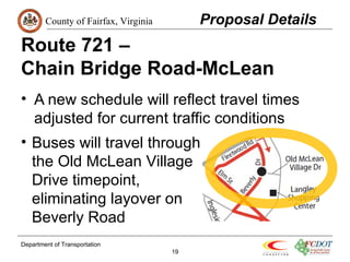 County of Fairfax, Virginia 
Route 721 – 
Chain Bridge Road-McLean 
• A new schedule will reflect travel times 
adjusted for current traffic conditions 
Department of Transportation 
19 
Proposal Details 
• Buses will travel through 
the Old McLean Village 
Drive timepoint, 
eliminating layover on 
Beverly Road 
 