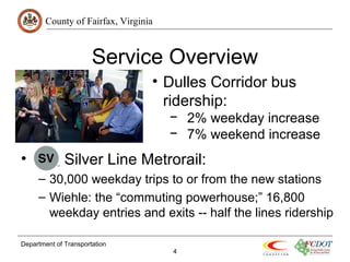 County of Fairfax, Virginia 
Service Overview 
• Dulles Corridor bus 
ridership: 
− 2% weekday increase 
− 7% weekend increase 
• Silver Line Metrorail: 
– 30,000 weekday trips to or from the new stations 
– Wiehle: the “commuting powerhouse;” 16,800 
weekday entries and exits -- half the lines ridership 
Department of Transportation 
4 
 