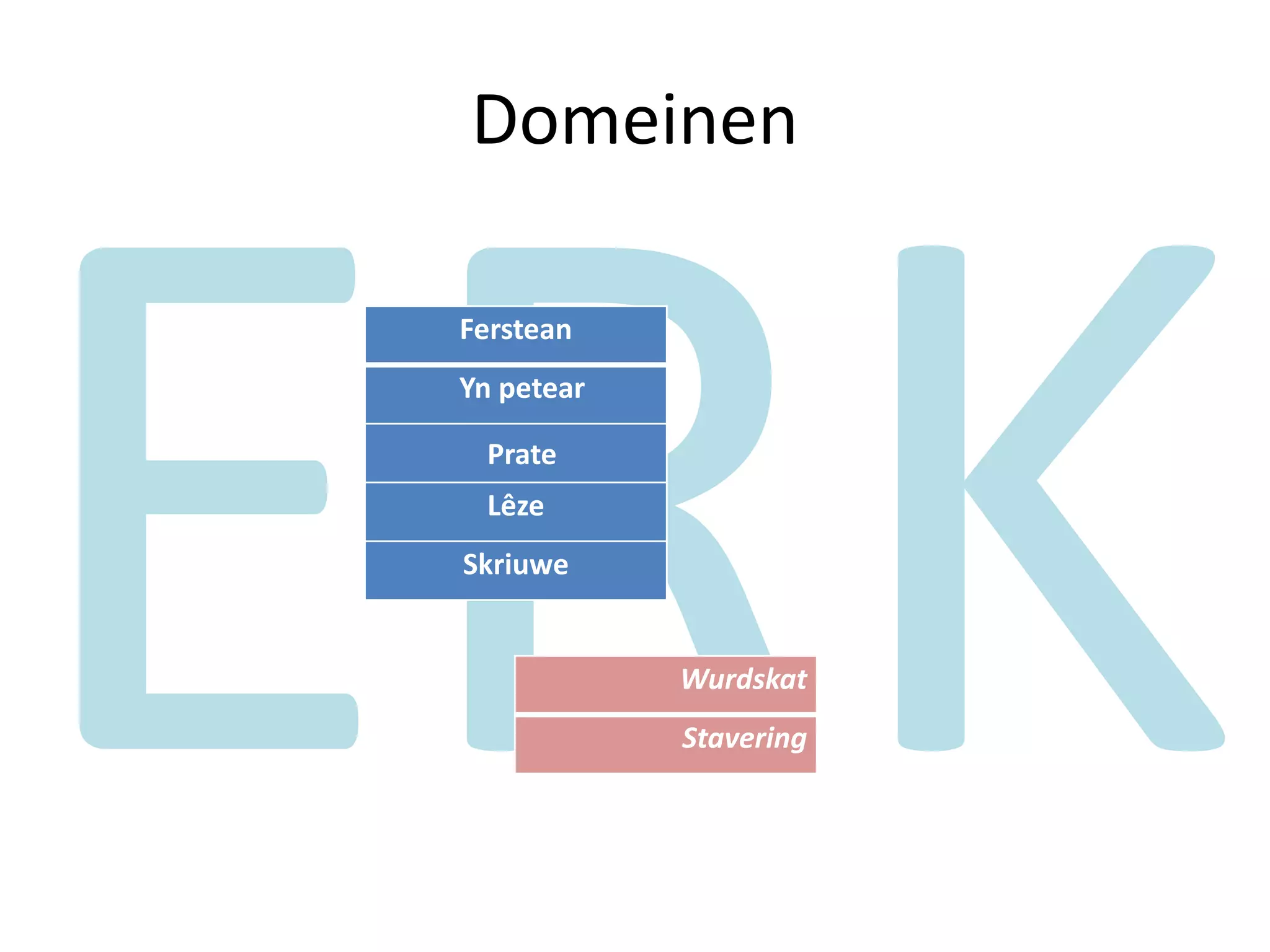 Domeinen
Ferstean
Yn petear
Prate
Lêze
Skriuwe
Wurdskat
Stavering
 