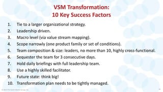 VSM Transformation:
10 Key Success Factors
1. Tie to a larger organizational strategy.
2. Leadership driven.
3. Macro level (via value stream mapping).
4. Scope narrowly (one product family or set of conditions).
5. Team composition & size: leaders, no more than 10, highly cross-functional.
6. Sequester the team for 3 consecutive days.
7. Hold daily briefings with full leadership team.
8. Use a highly skilled facilitator.
9. Future state: think big!
10. Transformation plan needs to be tightly managed.
© 2015 The Karen Martin Group, Inc. 30
 