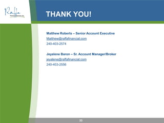 THANK YOU!
Matthew Roberts – Senior Account Executive
Matthew@raffafinancial.com
240-403-2574
Jeyalene Baron – Sr. Account Manager/Broker
jeyalene@raffafinancial.com
240-403-2556
33
 
