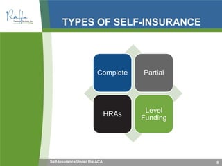TYPES OF SELF-INSURANCE
8
Complete Partial
HRAs
Level
Funding
Self-Insurance Under the ACA
 