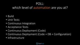 POLL:
which level of automation are you at?
• Build
• Unit Tests
• Continuous Integration
• Acceptance Tests
• Continuous Deployment (Code)
• Continuous Deployment (Code + DB + Configuration)
• Infrastructure
 