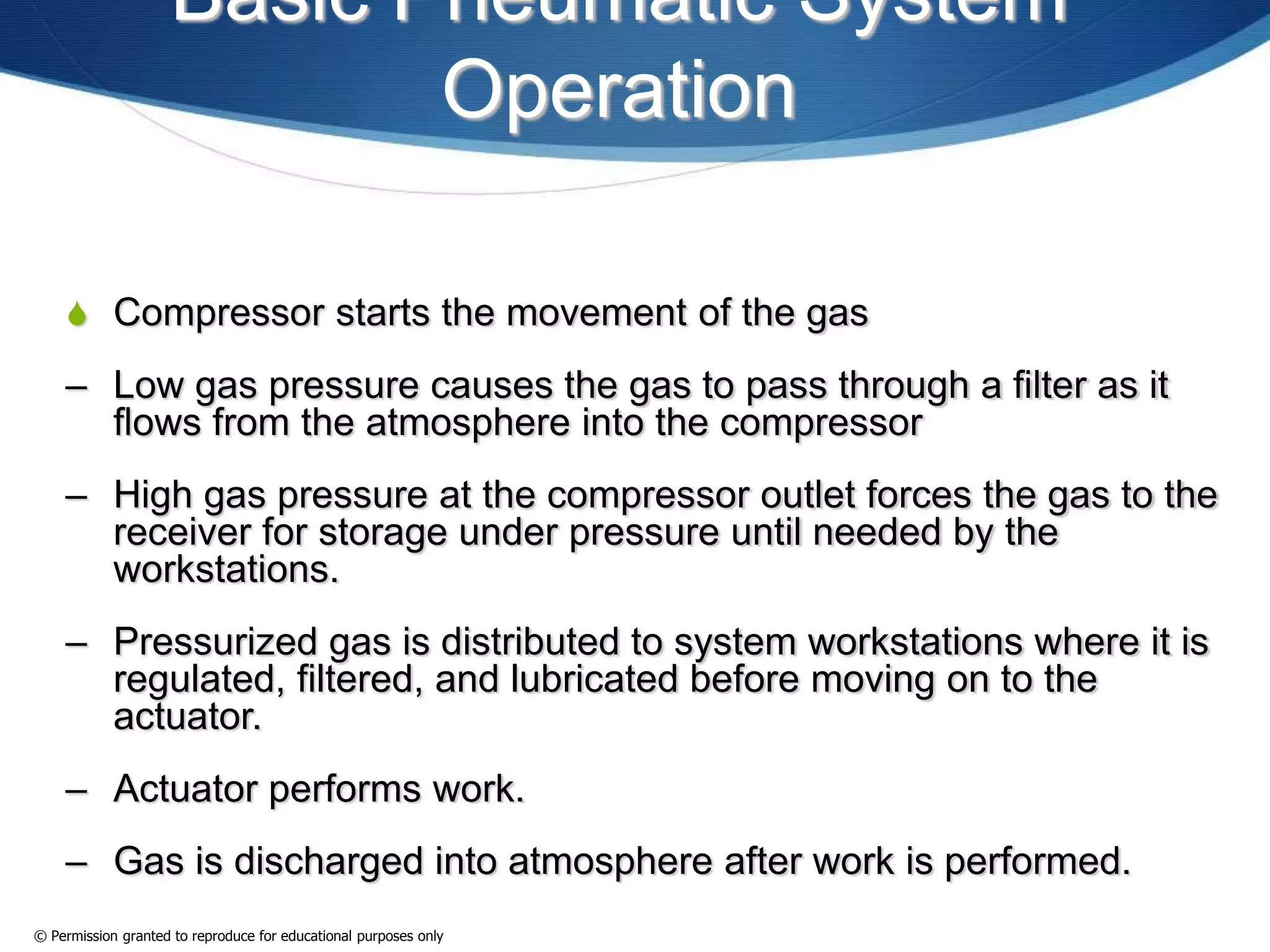 Basic Pneumatic System
Operation
 Compressor starts the movement of the gas
– Low gas pressure causes the gas to pass through a filter as it
flows from the atmosphere into the compressor
– High gas pressure at the compressor outlet forces the gas to the
receiver for storage under pressure until needed by the
workstations.
– Pressurized gas is distributed to system workstations where it is
regulated, filtered, and lubricated before moving on to the
actuator.
– Actuator performs work.
– Gas is discharged into atmosphere after work is performed.
© Permission granted to reproduce for educational purposes only
 