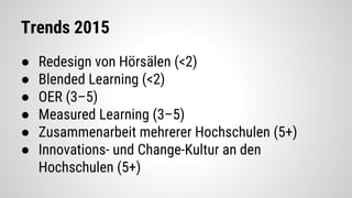 Trends 2015
● Redesign von Hörsälen (<2)
● Blended Learning (<2)
● OER (3–5)
● Measured Learning (3–5)
● Zusammenarbeit mehrerer Hochschulen (5+)
● Innovations- und Change-Kultur an den
Hochschulen (5+)
 