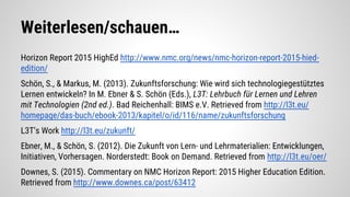 Weiterlesen/schauen…
Horizon Report 2015 HighEd http://www.nmc.org/news/nmc-horizon-report-2015-hied-
edition/
Schön, S., & Markus, M. (2013). Zukunftsforschung: Wie wird sich technologiegestütztes
Lernen entwickeln? In M. Ebner & S. Schön (Eds.), L3T: Lehrbuch für Lernen und Lehren
mit Technologien (2nd ed.). Bad Reichenhall: BIMS e.V. Retrieved from http://l3t.eu/
homepage/das-buch/ebook-2013/kapitel/o/id/116/name/zukunftsforschung
L3T’s Work http://l3t.eu/zukunft/
Ebner, M., & Schön, S. (2012). Die Zukunft von Lern- und Lehrmaterialien: Entwicklungen,
Initiativen, Vorhersagen. Norderstedt: Book on Demand. Retrieved from http://l3t.eu/oer/
Downes, S. (2015). Commentary on NMC Horizon Report: 2015 Higher Education Edition.
Retrieved from http://www.downes.ca/post/63412
 