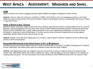 ASSESSMENT:
AQIM
Algeria continued its counter-smuggling operations against AQIM near Algiers and Algeria’s southern border.
Outlook: Unrest in Libya will continue to contribute to AQIM’s overall ability to carry out smuggling operations in the Sahel.
AQIM may seek to support Ansar al Din and associates in Mali and will probably continue its relationships with Ansar al Sharia
in Libya and Tunisia.
Ansar al Sharia (Libya, Tunisia)
Operation Dignity and Libyan military forces continued to advance against Ansar al Sharia Libya and allied forces for control of
Benghazi, seizing the Benghazi Port and other areas. Ansar al Sharia militants detonated a suicide vehicle-borne improvised
explosive device (SVBIED) near a Libyan military checkpoint in the Laithi neighborhood of Benghazi, an Ansar al Sharia
stronghold, in response to recent military loses. In Tunisia, security forces conducted multiple raids and arrests against
unidentified Islamist militants for the second week in a row.
Outlook: Despite recent Operation Dignity gains, the conflict in Libya is likely to continue unabated as Ansar al Sharia holds
territory in Derna and Benghazi.
Associated Movements in the Sahel (Ansar al Din, al Murabitoun)
The MNLA and pro-government fighters continue to clash in northern Mali, culminating in an MNLA kidnapping of 20 residents
of Kano. Meanwhile, inter-Malian peace talks are scheduled to take place this week in Algiers.
Outlook: Inter-Malian peace talks are unlikely to solve the current crisis as waves of violence continue to sweep through
northern Mali. MINUSMA’s efforts will do little to stabilize the region, while the Malian government appears to be incapable of
creating political progress. The security situation may create conditions in which AQIM and Ansar al Din can expand in Mali.
8
MAGHREB AND SAHELWEST AFRICA
 