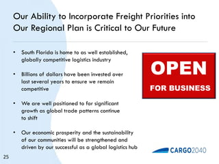 Our Ability to Incorporate Freight Priorities into
Our Regional Plan is Critical to Our Future
• South Florida is home to as well established,
globally competitive logistics industry
• Billions of dollars have been invested over
last several years to ensure we remain
competitive
• We are well positioned to for significant
growth as global trade patterns continue
to shift
• Our economic prosperity and the sustainability
of our communities will be strengthened and
driven by our successful as a global logistics hub
OPEN
FOR BUSINESS
25
 