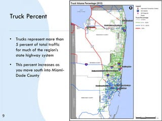 Truck Percent
• Trucks represent more than
5 percent of total traffic
for much of the region’s
state highway system
• This percent increases as
you move south into Miami-
Dade County
9
 