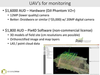 UAV’s for monitoring
• $1,6000 AUD – Hardware (DJI Phantom V2+)
• 12MP (lower quality) camera
• Better: Droidworx or similar (~$5,000) w/ 20MP digital camera
• $1,800 AUD – Pix4D Software (non-commercial license)
• 3D models of field site (cm resolutions are possible)
• Orthorectified image and map layers
• LAS / point cloud data
17/20
 