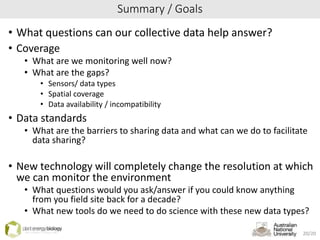 Summary / Goals
• What questions can our collective data help answer?
• Coverage
• What are we monitoring well now?
• What are the gaps?
• Sensors/ data types
• Spatial coverage
• Data availability / incompatibility
• Data standards
• What are the barriers to sharing data and what can we do to facilitate
data sharing?
• New technology will completely change the resolution at which
we can monitor the environment
• What questions would you ask/answer if you could know anything
from you field site back for a decade?
• What new tools do we need to do science with these new data types?
20/20
 
