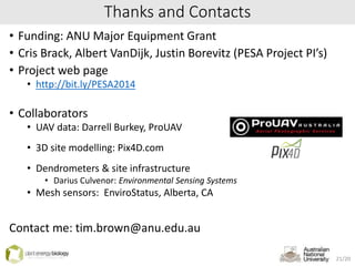 Thanks and Contacts
• Funding: ANU Major Equipment Grant
• Cris Brack, Albert VanDijk, Justin Borevitz (PESA Project PI’s)
• Project web page
• http://bit.ly/PESA2014
• Collaborators
• UAV data: Darrell Burkey, ProUAV
• 3D site modelling: Pix4D.com
• Dendrometers & site infrastructure
• Darius Culvenor: Environmental Sensing Systems
• Mesh sensors: EnviroStatus, Alberta, CA
Contact me: tim.brown@anu.edu.au
21/20
 