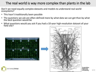The real world is way more complex than plants in the lab
Don’t we need equally complex datasets and models to understand real world
ecosystems?
• This hasn’t traditionally been possible
• The questions we ask are often defined more by what data we can get than by what
the best question would be
• What questions would you ask if you had a 10-year high-resolution dataset of your
field site?
8/20
 