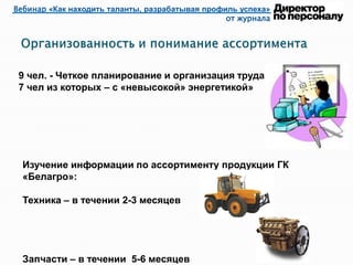 Вебинар «Как находить таланты, разрабатывая профиль успеха»
от журнала
9 чел. - Четкое планирование и организация труда
7 чел из которых – с «невысокой» энергетикой»
Изучение информации по ассортименту продукции ГК
«Белагро»:
Техника – в течении 2-3 месяцев
Запчасти – в течении 5-6 месяцев
 