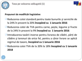 5
Taxa pe valoarea adăugată (1)
Reducerea cotei standard pentru toate bunurile şi serviciile de
la 24% în prezent la 20% începând cu 1 ianuarie 2016
Reducerea cotei de TVA pentru carne, pește, legume și fructe
de la 24% în prezent la 9% începând cu 1 ianuarie 2016
Introducerea taxării inverse pentru livrarea de clădiri, părți de
clădire şi terenuri de orice fel, pentru a căror livrare se aplică
regimul de taxare, începând cu 1 ianuarie 2016
Reducerea cotei TVA de la 20% la 18% începând cu 1 ianuarie
2018
Propuneri de modificări legislative
 