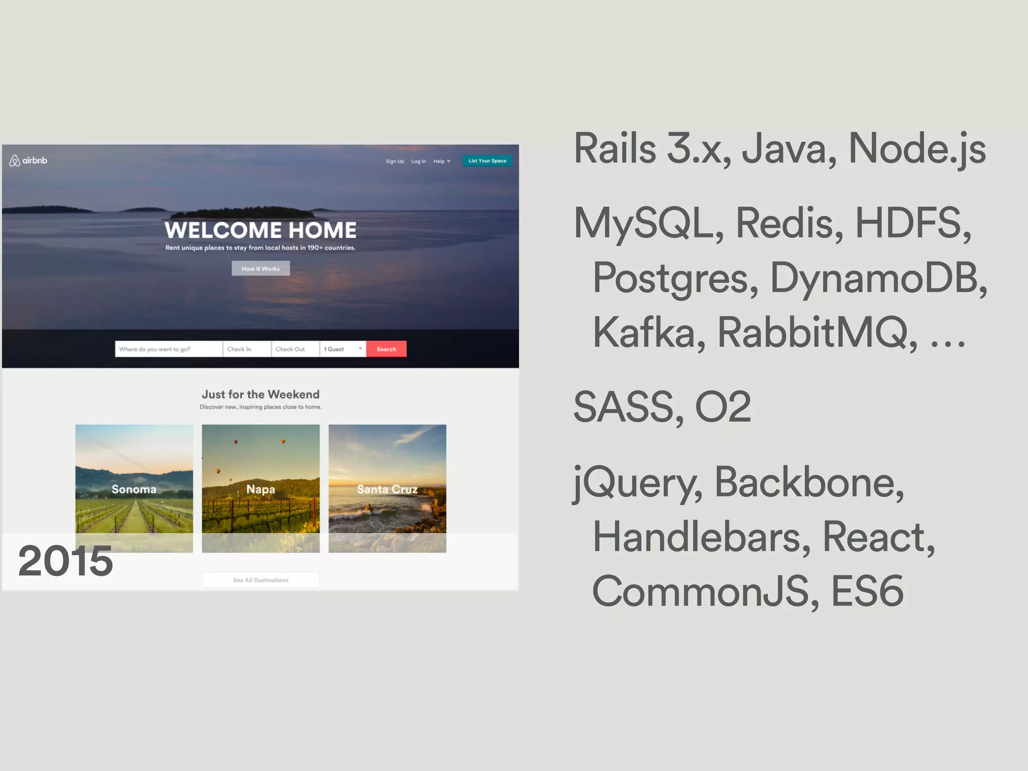 Rails 3.x, Java, Node.js
MySQL, Redis, HDFS,
Postgres, DynamoDB,
Kafka, RabbitMQ, …
SASS, O2
jQuery, Backbone,
Handlebars, React,
CommonJS, ES6
!2015
 