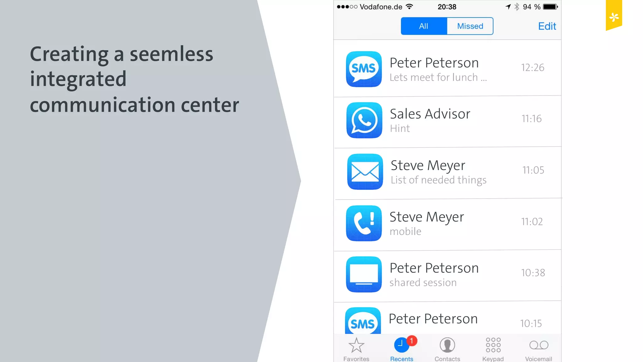 Digital Leadership © Copyright 2015 Digital Leadership GmbH
Peter Peterson
Lets meet for lunch …
12:26
Sales Advisor
Hint
11:16
Steve Meyer
List of needed things
11:05
Steve Meyer
mobile
11:02
Peter Peterson
shared session
10:38
Peter Peterson 10:15
Creating a seemless
integrated
communication center
 