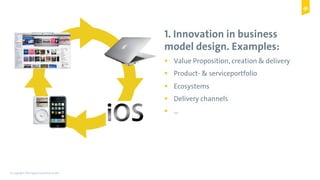 © Copyright 2015 Digital Leadership GmbH 47
1. Innovation in business
model design. Examples:
!  Value Proposition, creation & delivery
!  Product- & serviceportfolio
!  Ecosystems
!  Delivery channels
!  …
 