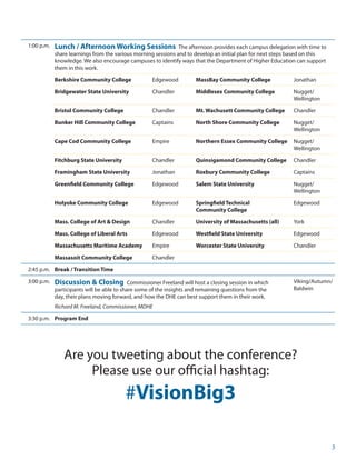 3
1:00 p.m. Lunch / Afternoon Working Sessions The afternoon provides each campus delegation with time to
share learnings from the various morning sessions and to develop an initial plan for next steps based on this
knowledge. We also encourage campuses to identify ways that the Department of Higher Education can support
them in this work.
Berkshire Community College Edgewood MassBay Community College Jonathan
Bridgewater State University Chandler Middlesex Community College Nugget/
Wellington
Bristol Community College Chandler Mt. Wachusett Community College Chandler
Bunker Hill Community College Captains North Shore Community College Nugget/
Wellington
Cape Cod Community College Empire Northern Essex Community College Nugget/
Wellington
Fitchburg State University Chandler Quinsigamond Community College Chandler
Framingham State University Jonathan Roxbury Community College Captains
Greenfield Community College Edgewood Salem State University Nugget/
Wellington
Holyoke Community College Edgewood Springfield Technical
Community College
Edgewood
Mass. College of Art & Design Chandler University of Massachusetts (all) York
Mass. College of Liberal Arts Edgewood Westfield State University Edgewood
Massachusetts Maritime Academy Empire Worcester State University Chandler
Massasoit Community College Chandler
2:45 p.m. Break / Transition Time
3:00 p.m. Discussion & Closing Commissioner Freeland will host a closing session in which
participants will be able to share some of the insights and remaining questions from the
day, their plans moving forward, and how the DHE can best support them in their work.
Richard M. Freeland, Commissioner, MDHE
Viking/Autumn/
Baldwin
3:30 p.m. Program End
Are you tweeting about the conference?
Please use our official hashtag:
#VisionBig3
 