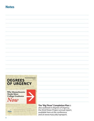 6
Notes
The“Big Three”Completion Plan is
also outlined in Degrees of Urgency,
the third Vision Project annual report,
available here at the conference
and at www.mass.edu/vpreport.
 