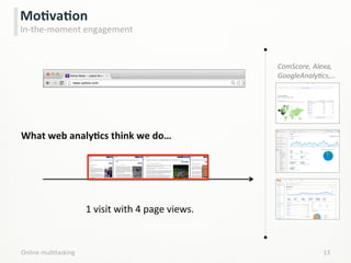 Online	
  mulLtasking	
   13	
  
MoCvaCon	
  
In-­‐the-­‐moment	
  engagement	
  
ComScore,	
  Alexa,	
  
GoogleAnalyHcs,…	
  
What	
  web	
  analyCcs	
  think	
  we	
  do…	
  
1	
  visit	
  with	
  4	
  page	
  views.	
  
 