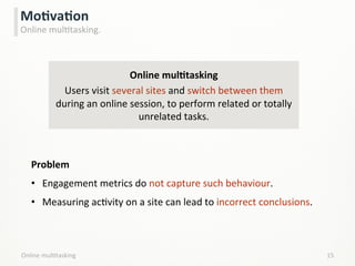 Online	
  mulLtasking	
   15	
  
MoCvaCon	
  
Online	
  mulLtasking.	
  
Problem	
  
	
  
•  Engagement	
  metrics	
  do	
  not	
  capture	
  such	
  behaviour.	
  
	
  
•  Measuring	
  acLvity	
  on	
  a	
  site	
  can	
  lead	
  to	
  incorrect	
  conclusions.	
  
	
  
Online	
  mulCtasking	
  
Users	
  visit	
  several	
  sites	
  and	
  switch	
  between	
  them	
  
during	
  an	
  online	
  session,	
  to	
  perform	
  related	
  or	
  totally	
  
unrelated	
  tasks.	
  
 