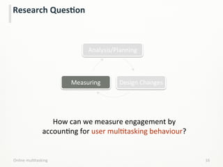 Research	
  QuesCon	
  
16	
  Online	
  mulLtasking	
  
How	
  can	
  we	
  measure	
  engagement	
  by	
  
accounLng	
  for	
  user	
  mulLtasking	
  behaviour?	
  
Analysis/Planning	
  
Design	
  Changes	
  Measuring	
  
 