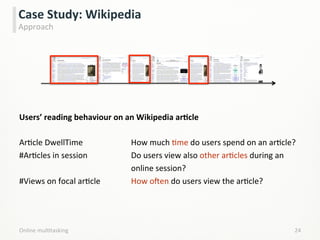 24	
  
Case	
  Study:	
  Wikipedia	
  
Approach	
  
Online	
  mulLtasking	
  
Users’	
  reading	
  behaviour	
  on	
  an	
  Wikipedia	
  arCcle	
  
ArLcle	
  DwellTime	
   	
   	
   	
  How	
  much	
  Lme	
  do	
  users	
  spend	
  on	
  an	
  arLcle?	
  
#ArLcles	
  in	
  session 	
   	
   	
  Do	
  users	
  view	
  also	
  other	
  arLcles	
  during	
  an	
  	
  
	
   	
   	
   	
   	
   	
   	
  online	
  session?	
  
#Views	
  on	
  focal	
  arLcle 	
   	
  How	
  oken	
  do	
  users	
  view	
  the	
  arLcle?	
  
 