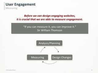 User	
  Engagement	
  
Measuring	
  
3	
  IntroducLon	
  
Before	
  we	
  can	
  design	
  engaging	
  websites,	
  
it	
  is	
  crucial	
  that	
  we	
  are	
  able	
  to	
  measure	
  engagement.	
  
“If	
  you	
  can	
  measure	
  it,	
  you	
  can	
  improve	
  it.”	
  
Sir	
  William	
  Thomson	
  
Analysis/Planning	
  
Design	
  Changes	
  Measuring	
  
 