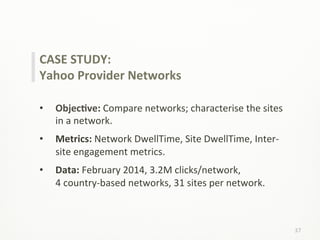 37	
  
CASE	
  STUDY:	
  
Yahoo	
  Provider	
  Networks	
  
	
  
•  ObjecCve:	
  Compare	
  networks;	
  characterise	
  the	
  sites	
  
in	
  a	
  network.	
  
•  Metrics:	
  Network	
  DwellTime,	
  Site	
  DwellTime,	
  Inter-­‐
site	
  engagement	
  metrics.	
  
•  Data:	
  February	
  2014,	
  3.2M	
  clicks/network,	
  	
  	
  	
  	
  	
  	
  	
  	
  	
  	
  	
  	
  	
  	
  	
  	
  
4	
  country-­‐based	
  networks,	
  31	
  sites	
  per	
  network.	
  
 