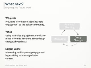 Wikipedia	
  
Providing	
  informaLon	
  about	
  readers’	
  
engagement	
  to	
  the	
  editor	
  community.	
  
Yahoo	
  
Using	
  inter-­‐site	
  engagement	
  metrics	
  to	
  
make	
  informed	
  decisions	
  about	
  design	
  
changes	
  (hyperlinks).	
  
Spiegel	
  Online	
  
Measuring	
  and	
  improving	
  engagement	
  
by	
  providing	
  interesLng	
  oﬀ-­‐site	
  
content.	
  
ContribuLons	
  and	
  future	
  work	
   53	
  
What	
  next?	
  
Ongoing	
  and	
  future	
  work	
  
Analysis/
Planning	
  
Design	
  
Changes	
  
Measuring	
  
 