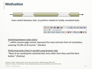 Online	
  mulLtasking	
   67	
  
MoCvaCon	
  
Users	
  switch	
  between	
  sites,	
  to	
  perform	
  related	
  or	
  totally	
  unrelated	
  tasks.	
  
	
  
	
  
	
  
	
  
	
  
	
  
Switching	
  between	
  tasks	
  (sites)	
  
“…within-­‐session	
  page	
  revisits	
  represent	
  the	
  most	
  common	
  form	
  of	
  revisitaLon,	
  
covering	
  73,54%	
  of	
  all	
  revisits.”	
  [Herder]	
  
	
  
Performing	
  tasks	
  (sites)	
  in	
  parallel	
  using	
  browser	
  tabs	
  
“Most	
  of	
  our	
  parLcipants	
  switched	
  tabs	
  more	
  oken	
  than	
  they	
  used	
  the	
  back	
  
bu;on.”	
  [Dubroy]	
  
[Herder]	
  E.	
  Herder.	
  CharacterizaHons	
  of	
  user	
  web	
  revisit	
  behavior.	
  WWW	
  Workshop	
  ABIS,	
  2005.	
  
[Dubroy]	
  P.	
  Dubroy,	
  R.	
  Balakrishnan.	
  A	
  study	
  of	
  tabbed	
  browsing	
  among	
  mozilla	
  ﬁrefox	
  users.	
  SIGCHI,	
  2010.	
  
 
