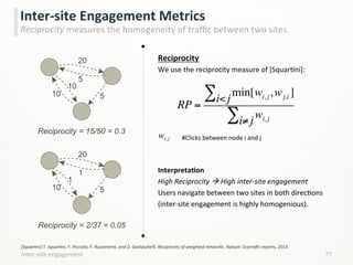 Inter-­‐site	
  engagement	
   77	
  
Inter-­‐site	
  Engagement	
  Metrics	
  
Reciprocity	
  measures	
  the	
  homogeneity	
  of	
  traﬃc	
  between	
  two	
  sites.	
  
Reciprocity	
  
We	
  use	
  the	
  reciprocity	
  measure	
  of	
  [SquarLni]:	
  
	
  
	
  
	
  
	
  
	
  
	
  
InterpretaCon	
  
High	
  Reciprocity	
  à	
  High	
  inter-­‐site	
  engagement	
  
Users	
  navigate	
  between	
  two	
  sites	
  in	
  both	
  direcLons	
  
(inter-­‐site	
  engagement	
  is	
  highly	
  homogenious).	
  
[SquarHni]	
  T.	
  SquarHni,	
  F.	
  Picciolo,	
  F.	
  RuzzenenH,	
  and	
  D.	
  Garlaschelli.	
  Reciprocity	
  of	
  weighted	
  networks.	
  Nature:	
  ScienHﬁc	
  reports,	
  2013.	
  
#Clicks	
  between	
  node	
  i	
  and	
  j	
  wi, j
RP =
min[wi, j,wj,i ]
i<j∑
wi, ji≠j∑
1
10 5
20
1
Reciprocity = 15/50 = 0.3
Reciprocity = 2/37 = 0.05
10
10 5
20
5
 