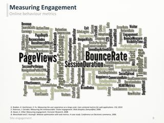 Site	
  engagement	
   8	
  
Measuring	
  Engagement	
  
Online	
  behaviour	
  metrics	
  
K.	
  Rodden,	
  H.	
  Hutchinson,	
  X.	
  Fu.	
  Measuring	
  the	
  user	
  experience	
  on	
  a	
  large	
  scale:	
  User-­‐centered	
  metrics	
  for	
  web	
  applicaHons.	
  CHI,	
  2010.	
  
E.	
  Peterson,	
  J.	
  Carrabis.	
  Measuring	
  the	
  immeasurable:	
  Visitor	
  engagement.	
  Web	
  AnalyHcs	
  DemysHﬁed,	
  2008.	
  
B.	
  Haven,	
  S.	
  ViWal.	
  Measuring	
  engagement.	
  Forrester	
  Research,	
  2008.	
  
B.	
  Weischedel	
  and	
  E.	
  Huizingh.	
  Website	
  opHmizaHon	
  with	
  web	
  metrics:	
  A	
  case	
  study.	
  Conference	
  on	
  Electronic	
  commerce,	
  2006.	
  
 