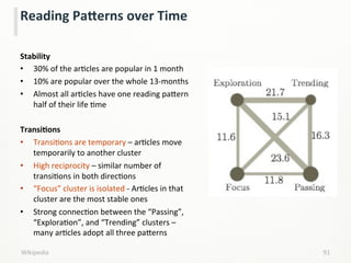 Wikipedia	
   91	
  
Reading	
  PaPerns	
  over	
  Time	
  
Stability	
  
•  30%	
  of	
  the	
  arLcles	
  are	
  popular	
  in	
  1	
  month	
  
•  10%	
  are	
  popular	
  over	
  the	
  whole	
  13-­‐months	
  
•  Almost	
  all	
  arLcles	
  have	
  one	
  reading	
  pa;ern	
  
half	
  of	
  their	
  life	
  Lme	
  
TransiCons	
  
•  TransiLons	
  are	
  temporary	
  –	
  arLcles	
  move	
  
temporarily	
  to	
  another	
  cluster	
  
•  High	
  reciprocity	
  –	
  similar	
  number	
  of	
  
transiLons	
  in	
  both	
  direcLons	
  
•  “Focus”	
  cluster	
  is	
  isolated	
  -­‐	
  ArLcles	
  in	
  that	
  
cluster	
  are	
  the	
  most	
  stable	
  ones	
  
•  Strong	
  connecLon	
  between	
  the	
  “Passing”,	
  
“ExploraLon”,	
  and	
  “Trending”	
  clusters	
  –	
  
many	
  arLcles	
  adopt	
  all	
  three	
  pa;erns	
  
 