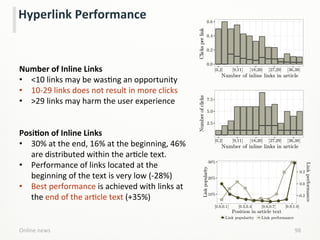 Online	
  news	
   98	
  
Hyperlink	
  Performance	
  
	
  
Number	
  of	
  Inline	
  Links	
  
•  <10	
  links	
  may	
  be	
  wasLng	
  an	
  opportunity	
  
•  10-­‐29	
  links	
  does	
  not	
  result	
  in	
  more	
  clicks	
  
•  >29	
  links	
  may	
  harm	
  the	
  user	
  experience	
  
	
  
	
  
PosiCon	
  of	
  Inline	
  Links	
  
•  30%	
  at	
  the	
  end,	
  16%	
  at	
  the	
  beginning,	
  46%	
  
are	
  distributed	
  within	
  the	
  arLcle	
  text.	
  
•  Performance	
  of	
  links	
  located	
  at	
  the	
  
beginning	
  of	
  the	
  text	
  is	
  very	
  low	
  (-­‐28%)	
  
•  Best	
  performance	
  is	
  achieved	
  with	
  links	
  at	
  
the	
  end	
  of	
  the	
  arLcle	
  text	
  (+35%)	
  
Link popularity● Link performance
Position in article text
Linkpopularity [0.0,0.1[ [0.3,0.4[ [0.6,0.7[ [0.9,1.0]
10%
20%
30%
-0.2
0.0
0.2
Linkperformance
●●
●●
●●
●● ●● ●● ●● ●●
●●
●●
●●
●●
●● ●● ●● ●● ●● ●●
●●
●●
Number of inline links in article
Clicksperlink
0.0
0.2
0.4
0.6
[0,2] [9,11] [18,20] [27,29] [36,38]
Number of inline links in article
Numberofclicks
[0,2] [9,11] [18,20] [27,29] [36,38]
2.5
5.0
7.5
 