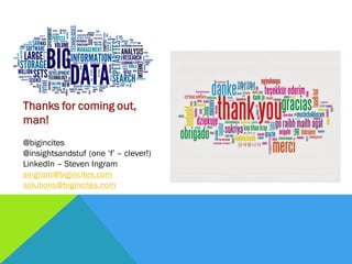Thanks for coming out,
man!
@bigincites
@insightsandstuf (one ‘f’ – clever!)
LinkedIn – Steven Ingram
singram@bigincites.com
solutions@bigincites.com
 