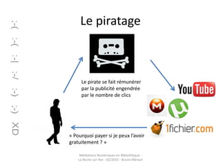 Le piratage
Médiations Numériques en Bibliothèque -
La Roche sur Yon - 02/2015 - Bruno Méraut
« Pourquoi payer si je peux l’avoir
gratuitement ? »
Le pirate se fait rémunérer
par la publicité engendrée
par le nombre de clics
 