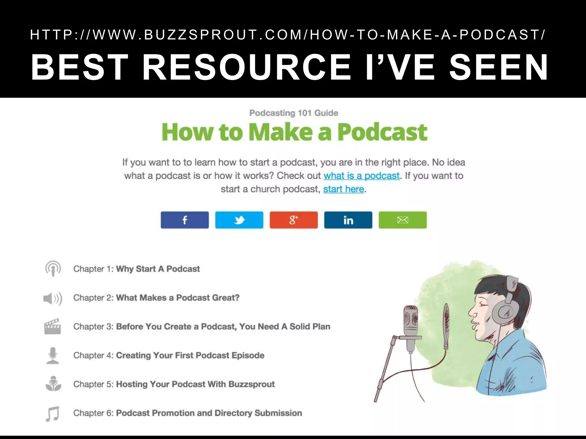 BEST RESOURCE I’VE SEEN
H T T P : / / W W W . B U Z Z S P R O U T . C O M / H O W - T O - M A K E - A - P O D C A S T /
 