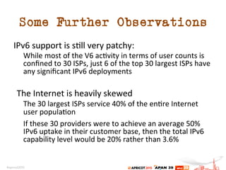 Some Further Observations
IPv6	
  support	
  is	
  s.ll	
  very	
  patchy:	
  
While	
  most	
  of	
  the	
  V6	
  ac.vity	
  in	
  terms	
  of	
  user	
  counts	
  is	
  
conﬁned	
  to	
  30	
  ISPs,	
  just	
  6	
  of	
  the	
  top	
  30	
  largest	
  ISPs	
  have	
  
any	
  signiﬁcant	
  IPv6	
  deployments	
  
	
  
The	
  Internet	
  is	
  heavily	
  skewed	
  
The	
  30	
  largest	
  ISPs	
  service	
  40%	
  of	
  the	
  en.re	
  Internet	
  
user	
  popula.on	
  
If	
  these	
  30	
  providers	
  were	
  to	
  achieve	
  an	
  average	
  50%	
  
IPv6	
  uptake	
  in	
  their	
  customer	
  base,	
  then	
  the	
  total	
  IPv6	
  
capability	
  level	
  would	
  be	
  20%	
  rather	
  than	
  3.6%	
  
 