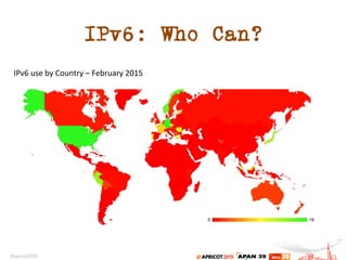 IPv6: Who Can?
IPv6	
  use	
  by	
  Country	
  –	
  February	
  2015	
  
 