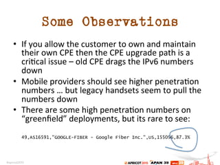 Some Observations
•  If	
  you	
  allow	
  the	
  customer	
  to	
  own	
  and	
  maintain	
  
their	
  own	
  CPE	
  then	
  the	
  CPE	
  upgrade	
  path	
  is	
  a	
  
cri.cal	
  issue	
  –	
  old	
  CPE	
  drags	
  the	
  IPv6	
  numbers	
  
down	
  
•  Mobile	
  providers	
  should	
  see	
  higher	
  penetra.on	
  
numbers	
  …	
  but	
  legacy	
  handsets	
  seem	
  to	
  pull	
  the	
  
numbers	
  down	
  
•  There	
  are	
  some	
  high	
  penetra.on	
  numbers	
  on	
  
“greenﬁeld”	
  deployments,	
  but	
  its	
  rare	
  to	
  see:	
  
	
  
49,AS16591,"GOOGLE-FIBER - Google Fiber Inc.",US,155096,87.3%
 