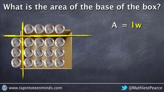 @MathletePearcewww.tapintoteenminds.com
What is the area of the base of the box?
A = lw
 