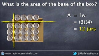 @MathletePearcewww.tapintoteenminds.com
What is the area of the base of the box?
A = lw
= (3)(4)
= 12 jars
 