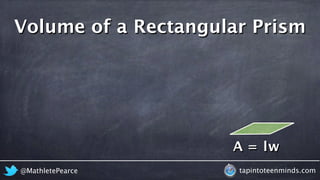 @MathletePearce tapintoteenminds.com
A = lw
Volume of a Rectangular Prism
 