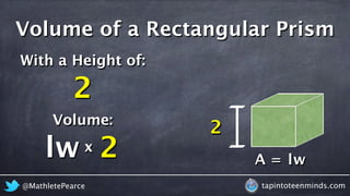 @MathletePearce tapintoteenminds.com
A = lw
With a Height of:
2
Volume:
lw
2
x 2
Volume of a Rectangular Prism
 